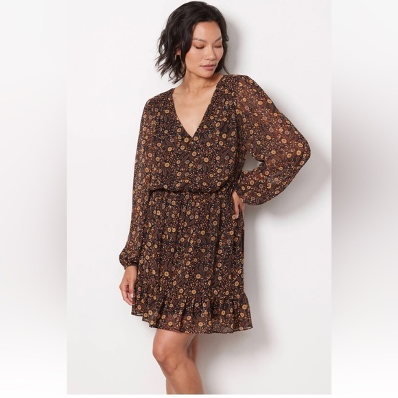 Evereve Dresses & Skirts - New! Evereve ‘Olivia’ Black Brown Floral Print Mini Dress Women’s Size Medium